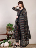 Floral Printed Flared Kurta With Pant & Dupatta, Black - Hiral Fashion | Grocsy