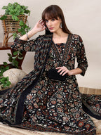Floral Printed Flared Kurta With Pant & Dupatta, Black - Hiral Fashion | Grocsy