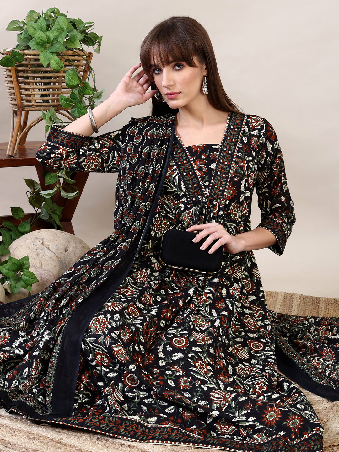 Floral Printed Flared Kurta With Pant & Dupatta, Black - Hiral Fashion | Grocsy