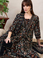 Floral Printed Flared Kurta With Pant & Dupatta, Black - Hiral Fashion | Grocsy