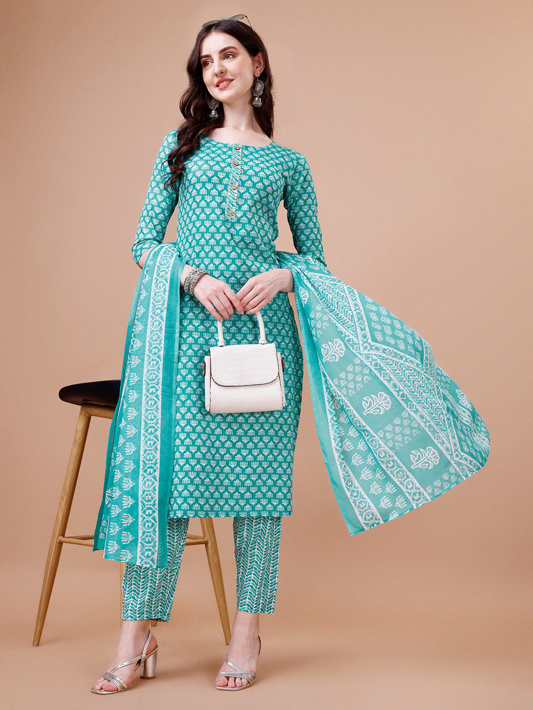 Ethnic Motifs Printed Casual Wear Cotton Kurta With Pant & Dupatta, Multicolor - Hiral Fashion | Grocsy