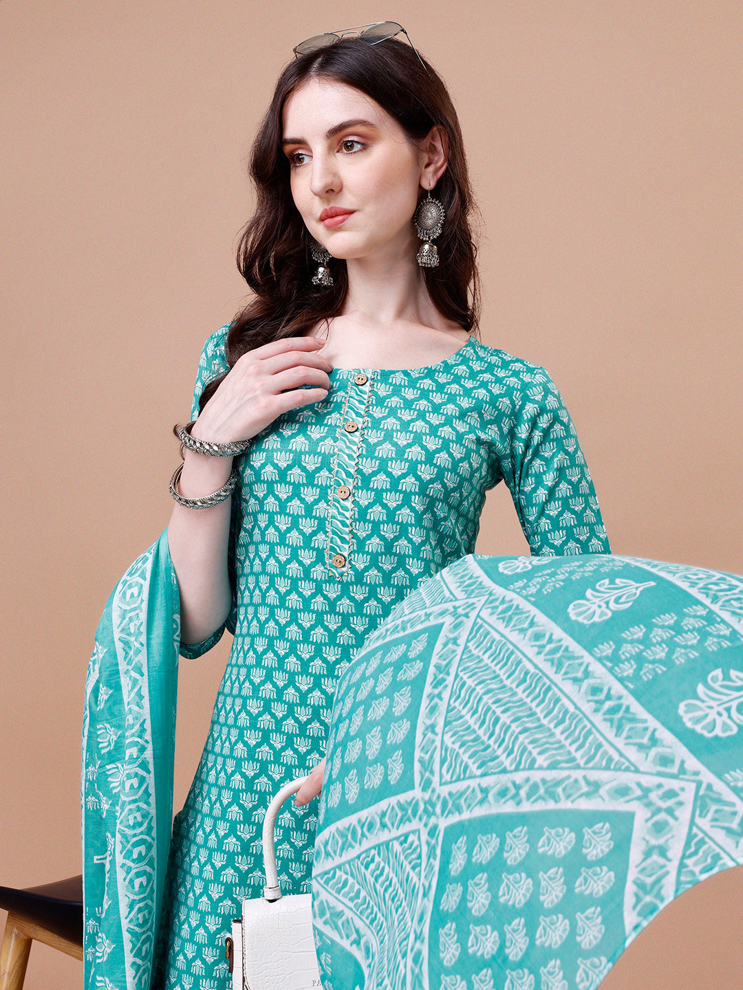 Ethnic Motifs Printed Casual Wear Cotton Kurta With Pant & Dupatta, Multicolor - Hiral Fashion | Grocsy