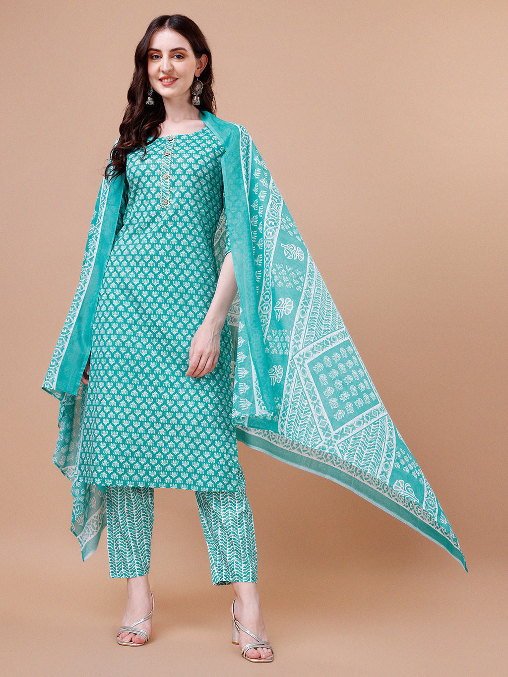 Ethnic Motifs Printed Casual Wear Cotton Kurta With Pant & Dupatta, Multicolor - Hiral Fashion | Grocsy