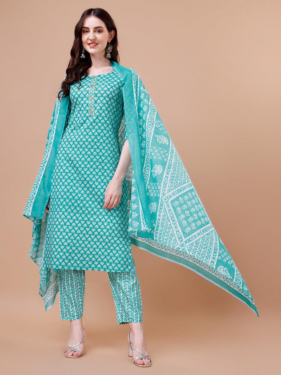 Ethnic Motifs Printed Casual Wear Cotton Kurta With Pant & Dupatta, Multicolor - Hiral Fashion | Grocsy