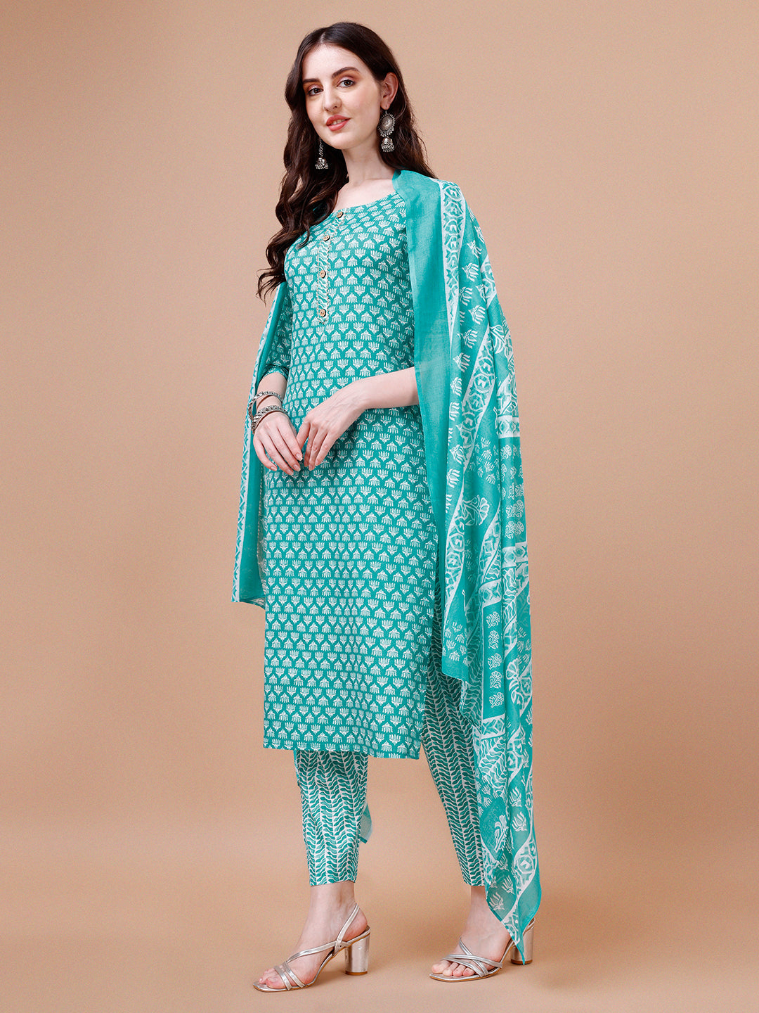 Ethnic Motifs Printed Casual Wear Cotton Kurta With Pant & Dupatta, Multicolor - Hiral Fashion | Grocsy