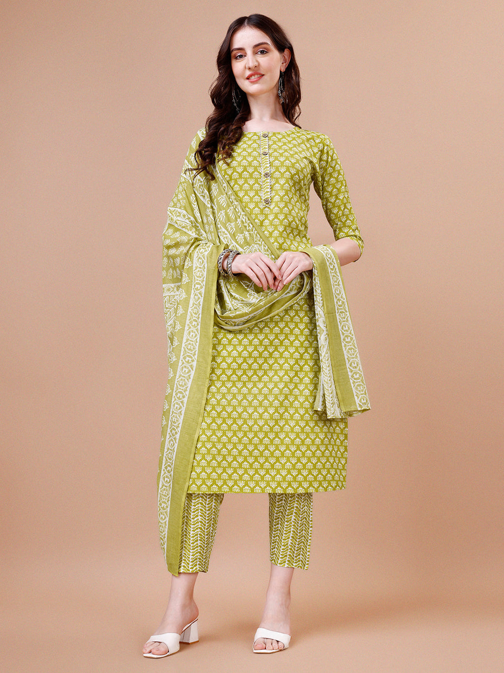 Ethnic Motifs Printed Casual Wear Cotton Kurta With Pant & Dupatta, Multicolor - Hiral Fashion | Grocsy