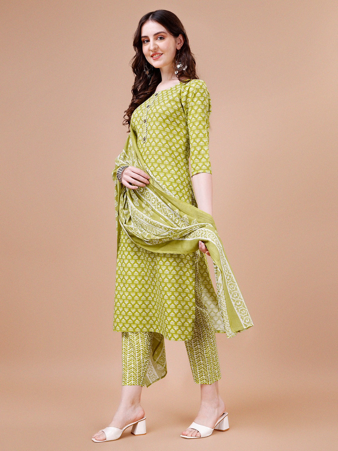 Ethnic Motifs Printed Casual Wear Cotton Kurta With Pant & Dupatta, Multicolor - Hiral Fashion | Grocsy