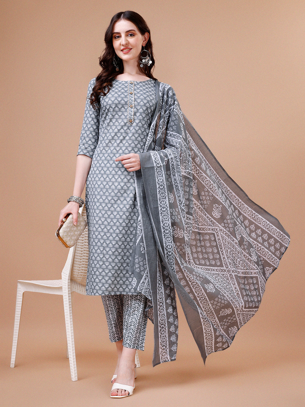 Ethnic Motifs Printed Casual Wear Cotton Kurta With Pant & Dupatta, Multicolor - Hiral Fashion | Grocsy
