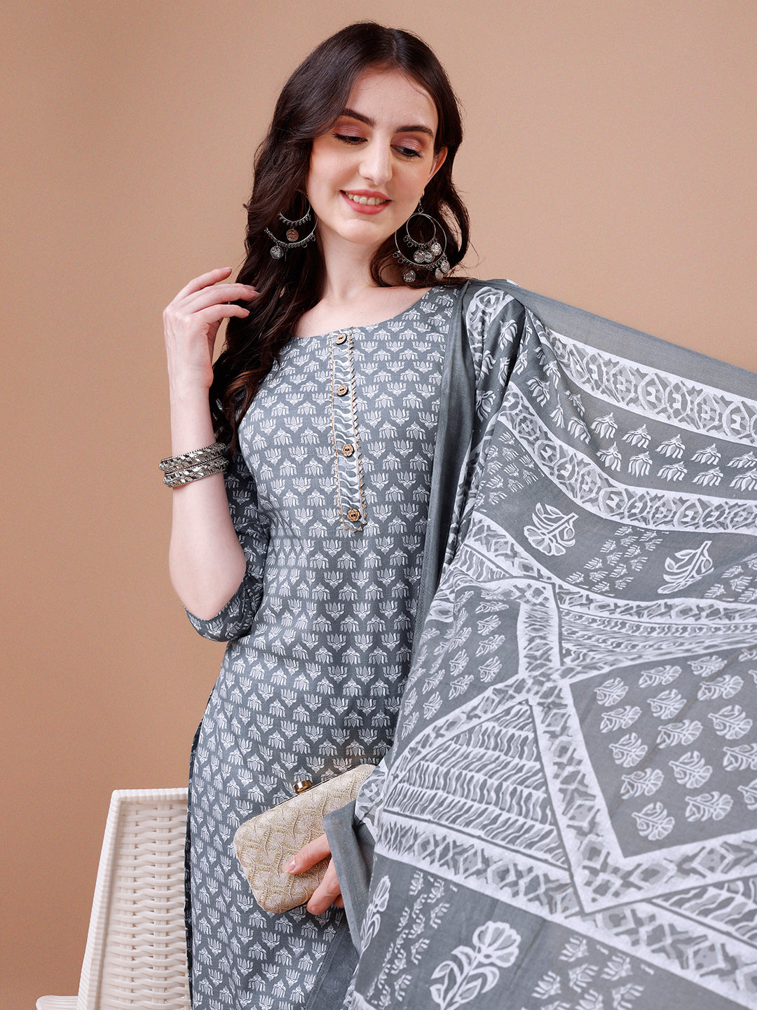 Ethnic Motifs Printed Casual Wear Cotton Kurta With Pant & Dupatta, Multicolor - Hiral Fashion | Grocsy