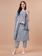 Ethnic Motifs Printed Casual Wear Cotton Kurta With Pant & Dupatta, Multicolor - Hiral Fashion | Grocsy