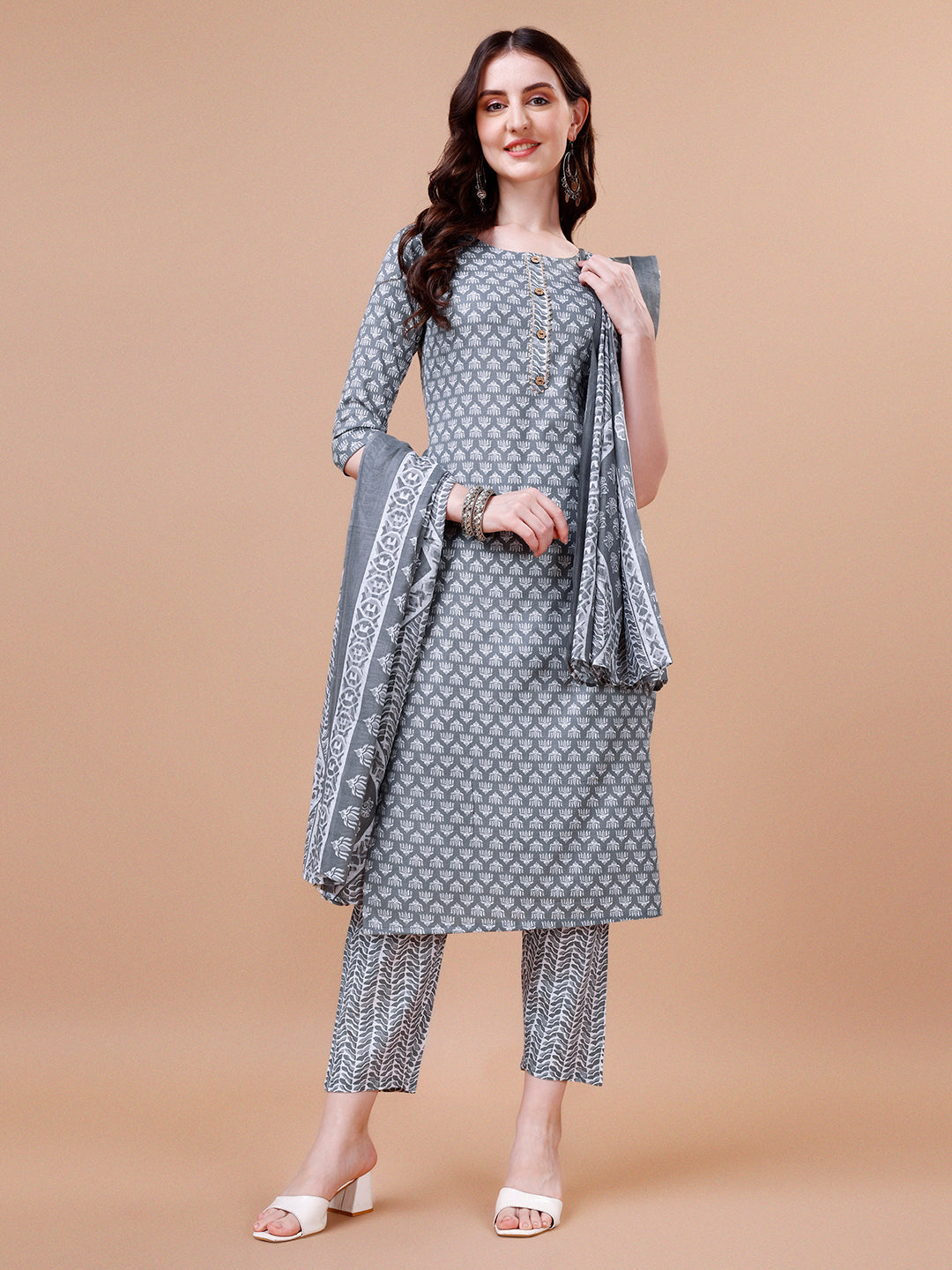 Ethnic Motifs Printed Casual Wear Cotton Kurta With Pant & Dupatta, Multicolor - Hiral Fashion | Grocsy