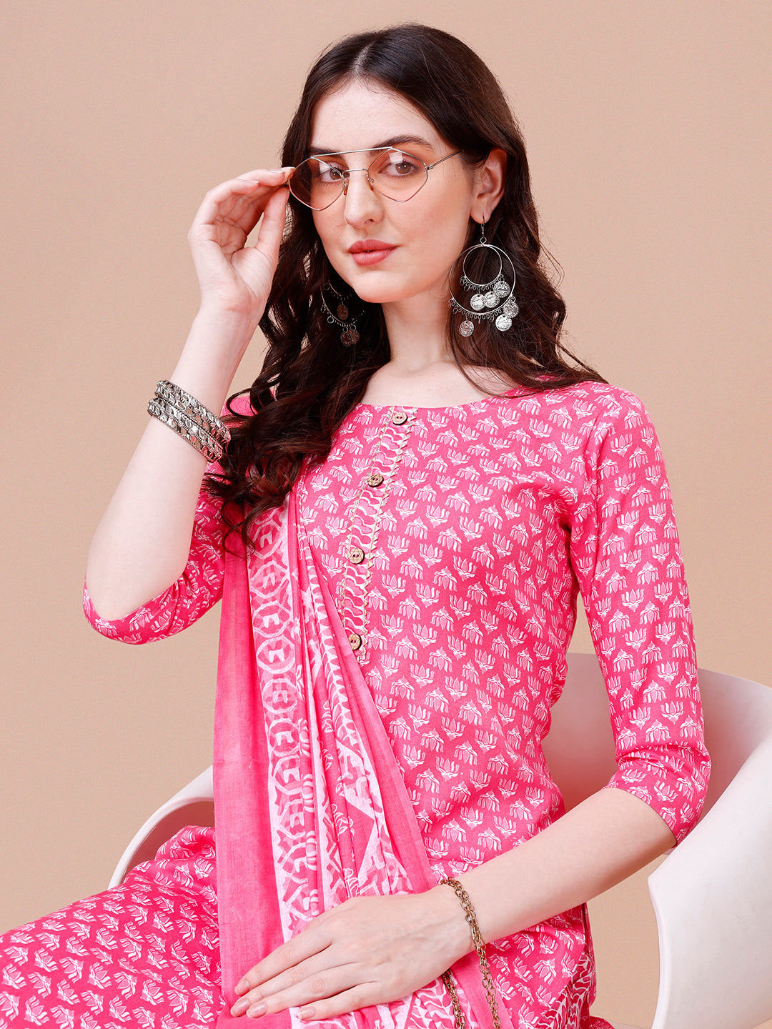 Ethnic Motifs Printed Casual Wear Cotton Kurta With Pant & Dupatta, Multicolor - Hiral Fashion | Grocsy