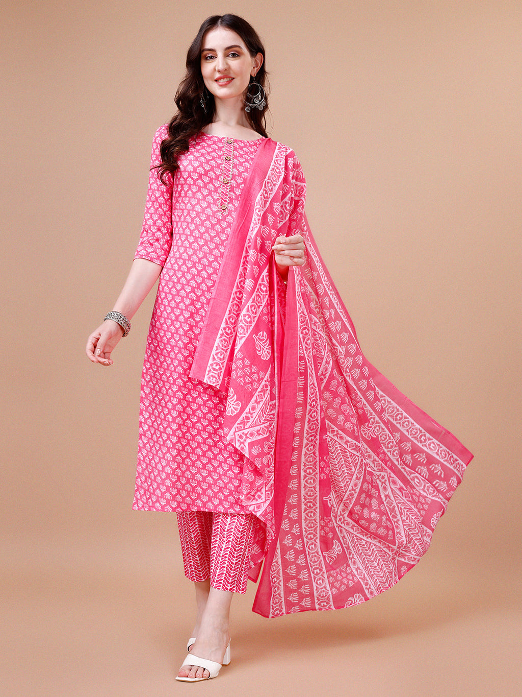Ethnic Motifs Printed Casual Wear Cotton Kurta With Pant & Dupatta, Multicolor - Hiral Fashion | Grocsy