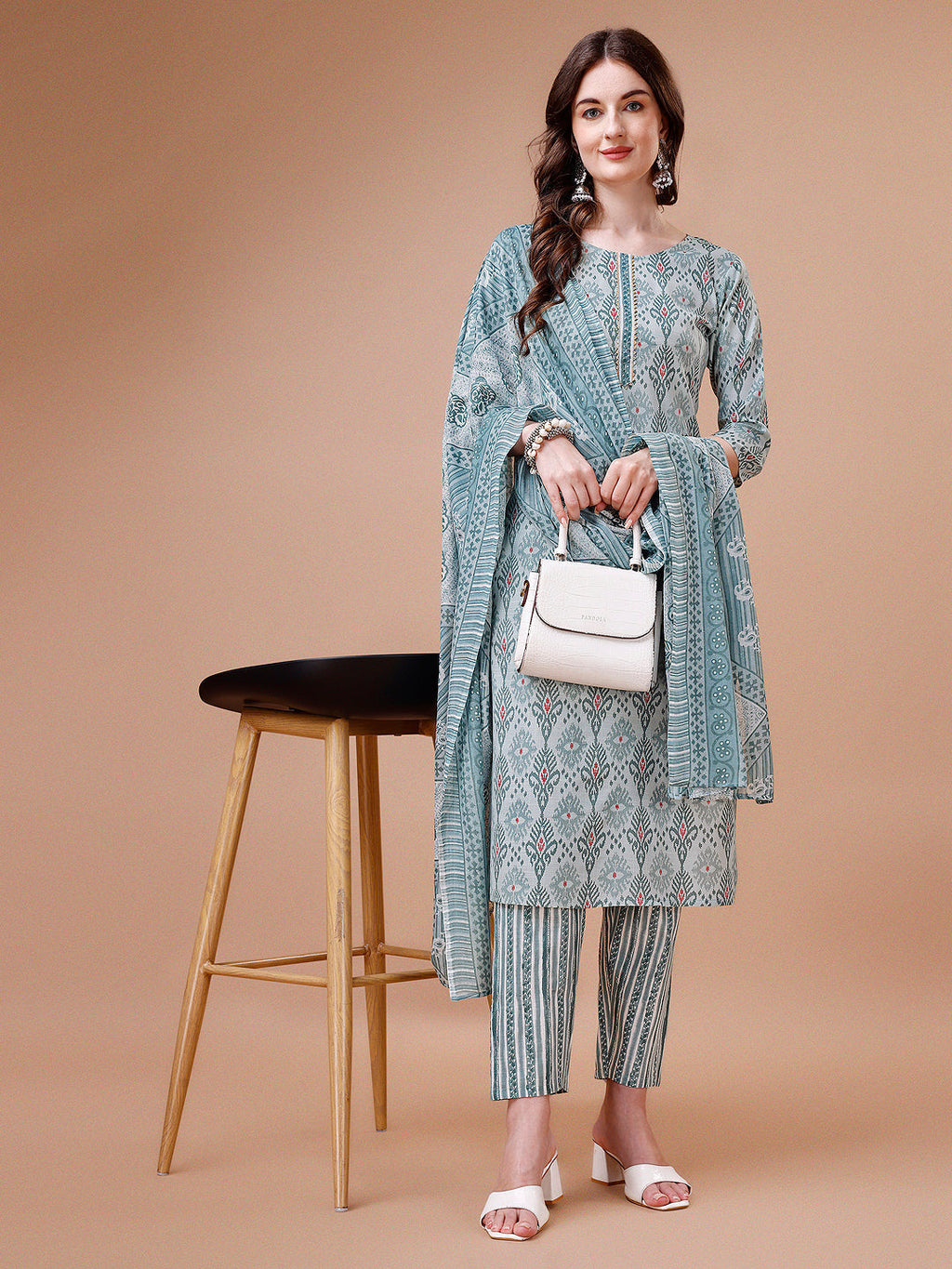Printed Cotton Kurta With Pant & Dupatta, Multicolor - Hiral Fashion | Grocsy