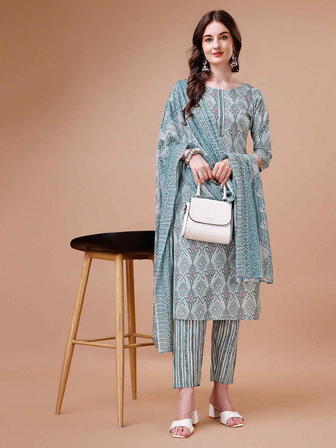 Printed Cotton Kurta With Pant & Dupatta, Multicolor - Hiral Fashion | Grocsy