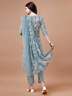 Printed Cotton Kurta With Pant & Dupatta, Multicolor - Hiral Fashion | Grocsy