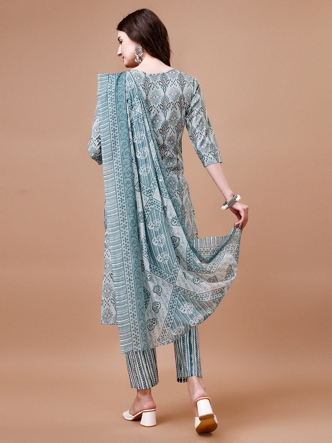 Printed Cotton Kurta With Pant & Dupatta, Multicolor - Hiral Fashion | Grocsy