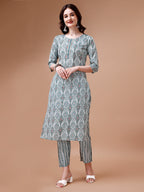 Printed Cotton Kurta With Pant & Dupatta, Multicolor - Hiral Fashion | Grocsy