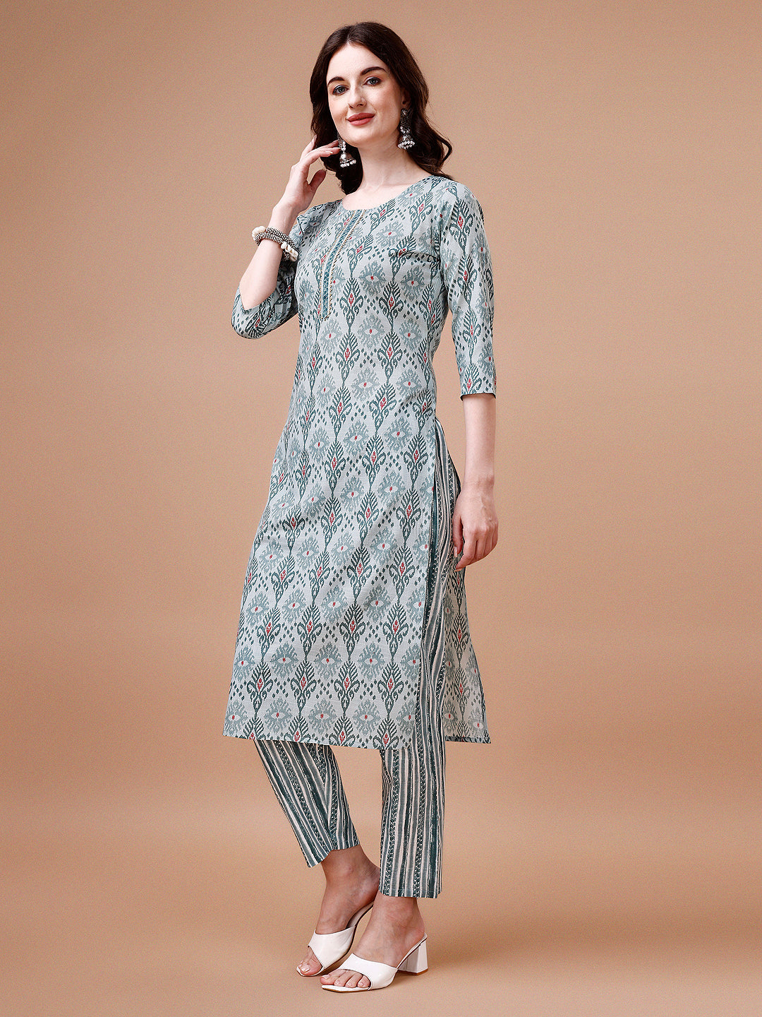 Printed Cotton Kurta With Pant & Dupatta, Multicolor - Hiral Fashion | Grocsy