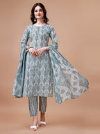 Printed Cotton Kurta With Pant & Dupatta, Multicolor - Hiral Fashion | Grocsy