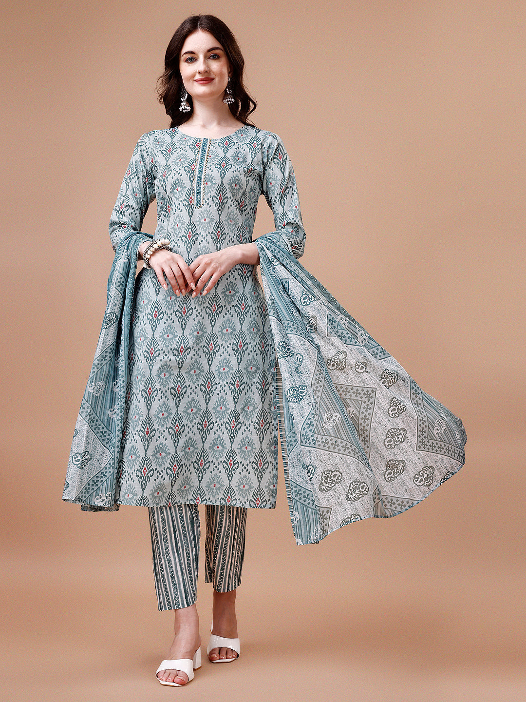 Printed Cotton Kurta With Pant & Dupatta, Multicolor - Hiral Fashion | Grocsy