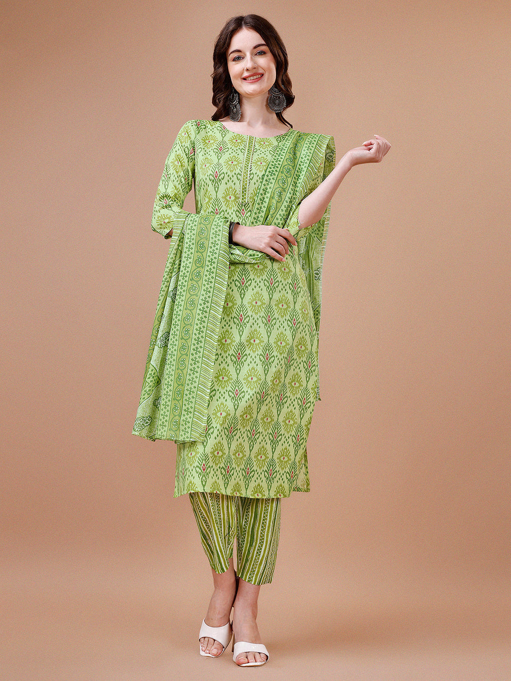 Printed Cotton Kurta With Pant & Dupatta, Multicolor - Hiral Fashion | Grocsy