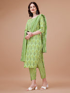 Printed Cotton Kurta With Pant & Dupatta, Multicolor - Hiral Fashion | Grocsy