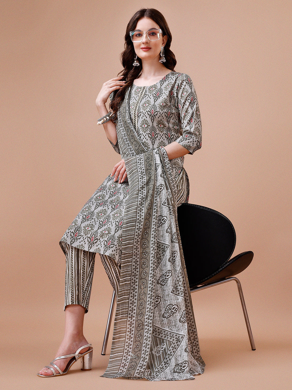 Printed Cotton Kurta With Pant & Dupatta, Multicolor - Hiral Fashion | Grocsy