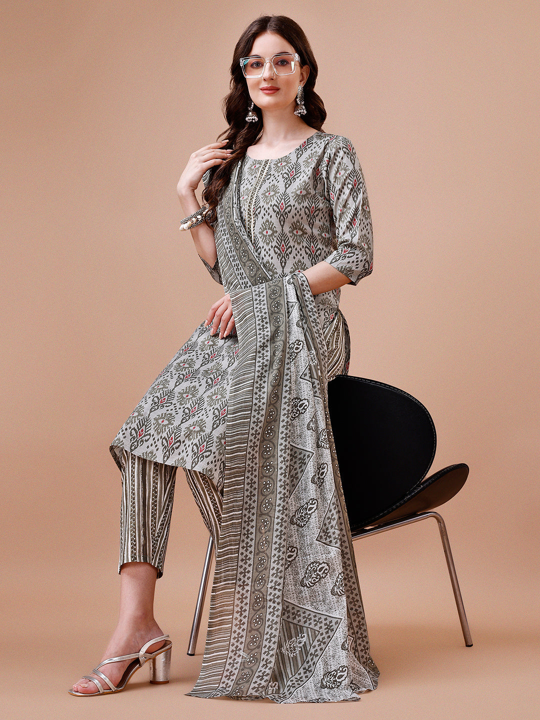 Printed Cotton Kurta With Pant & Dupatta, Multicolor - Hiral Fashion | Grocsy