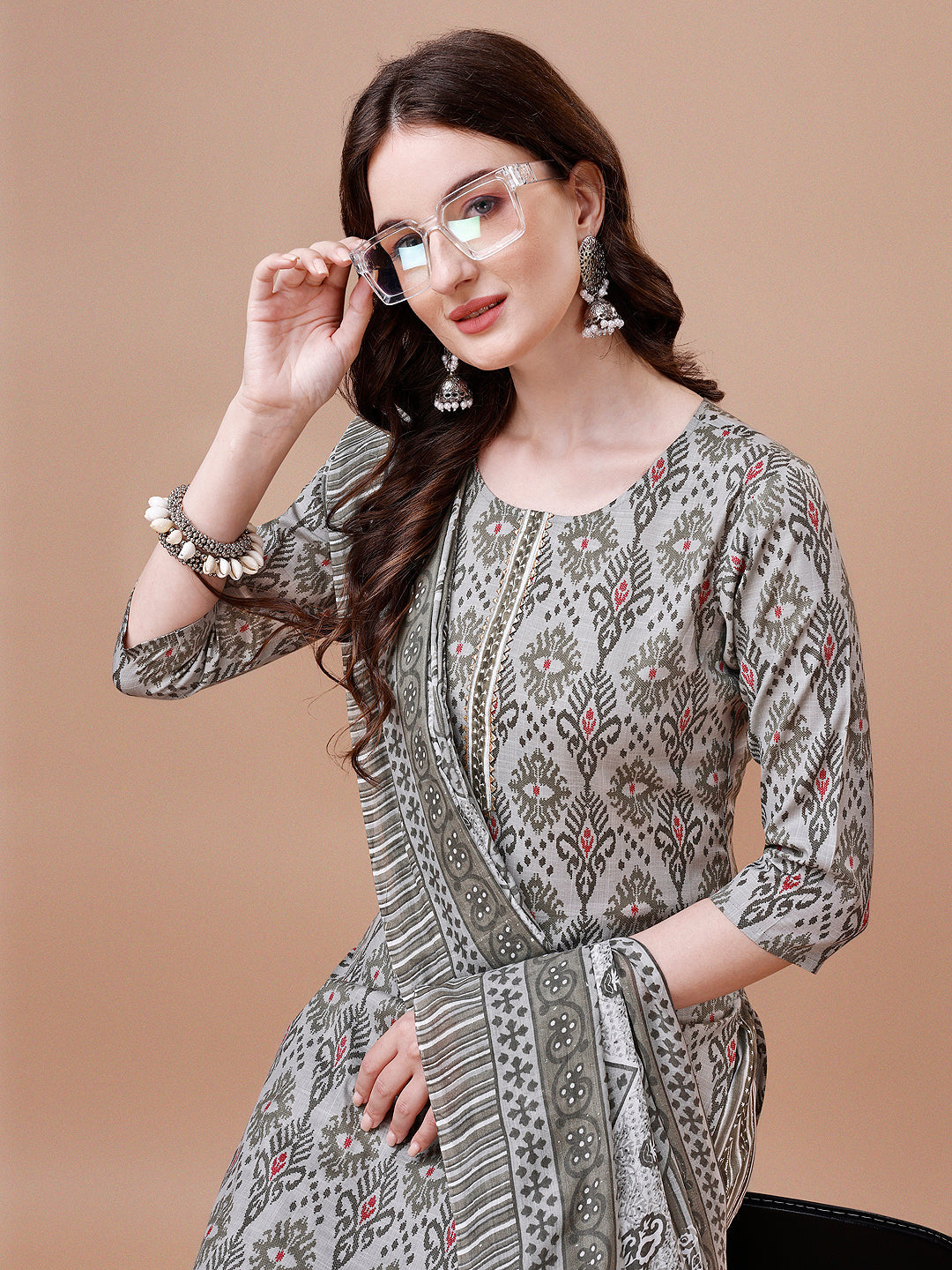 Printed Cotton Kurta With Pant & Dupatta, Multicolor - Hiral Fashion | Grocsy