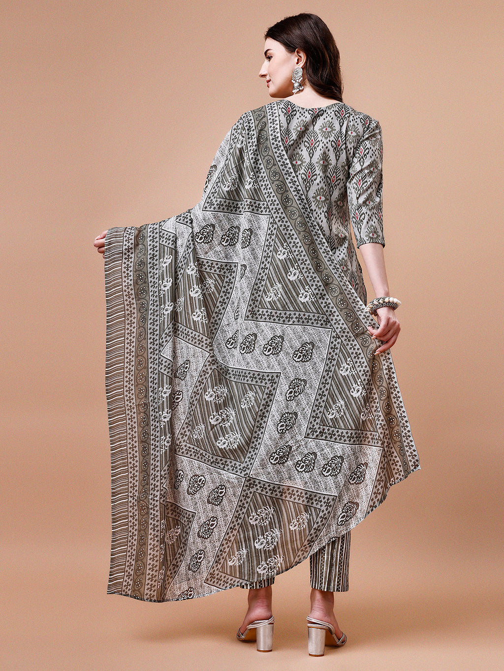 Printed Cotton Kurta With Pant & Dupatta, Multicolor - Hiral Fashion | Grocsy