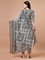Printed Cotton Kurta With Pant & Dupatta, Multicolor - Hiral Fashion | Grocsy