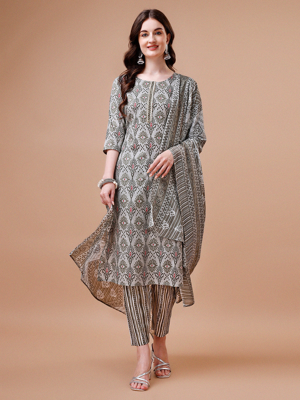 Printed Cotton Kurta With Pant & Dupatta, Multicolor - Hiral Fashion | Grocsy