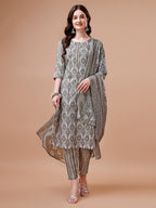 Printed Cotton Kurta With Pant & Dupatta, Multicolor - Hiral Fashion | Grocsy