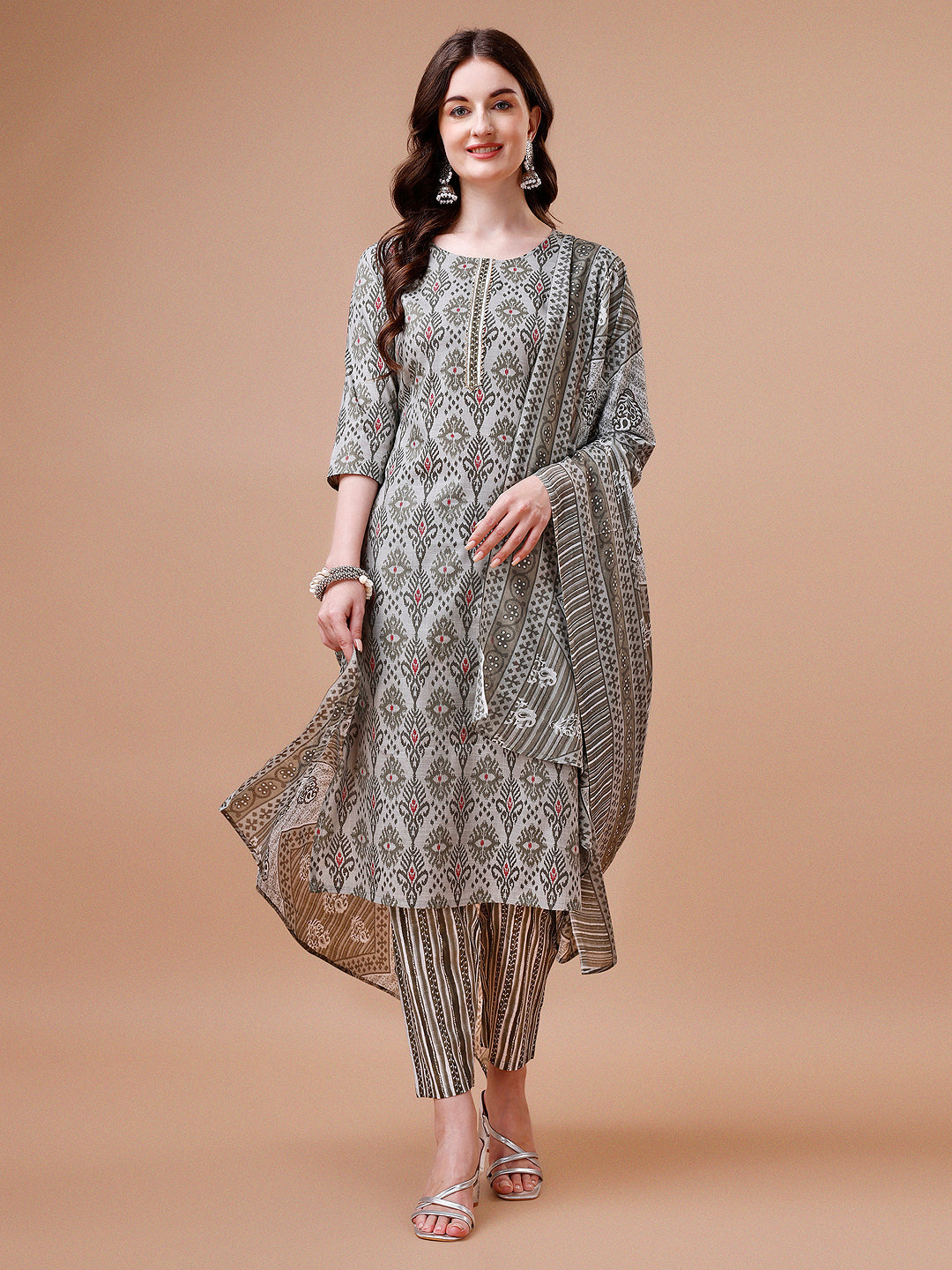 Printed Cotton Kurta With Pant & Dupatta, Multicolor - Hiral Fashion | Grocsy