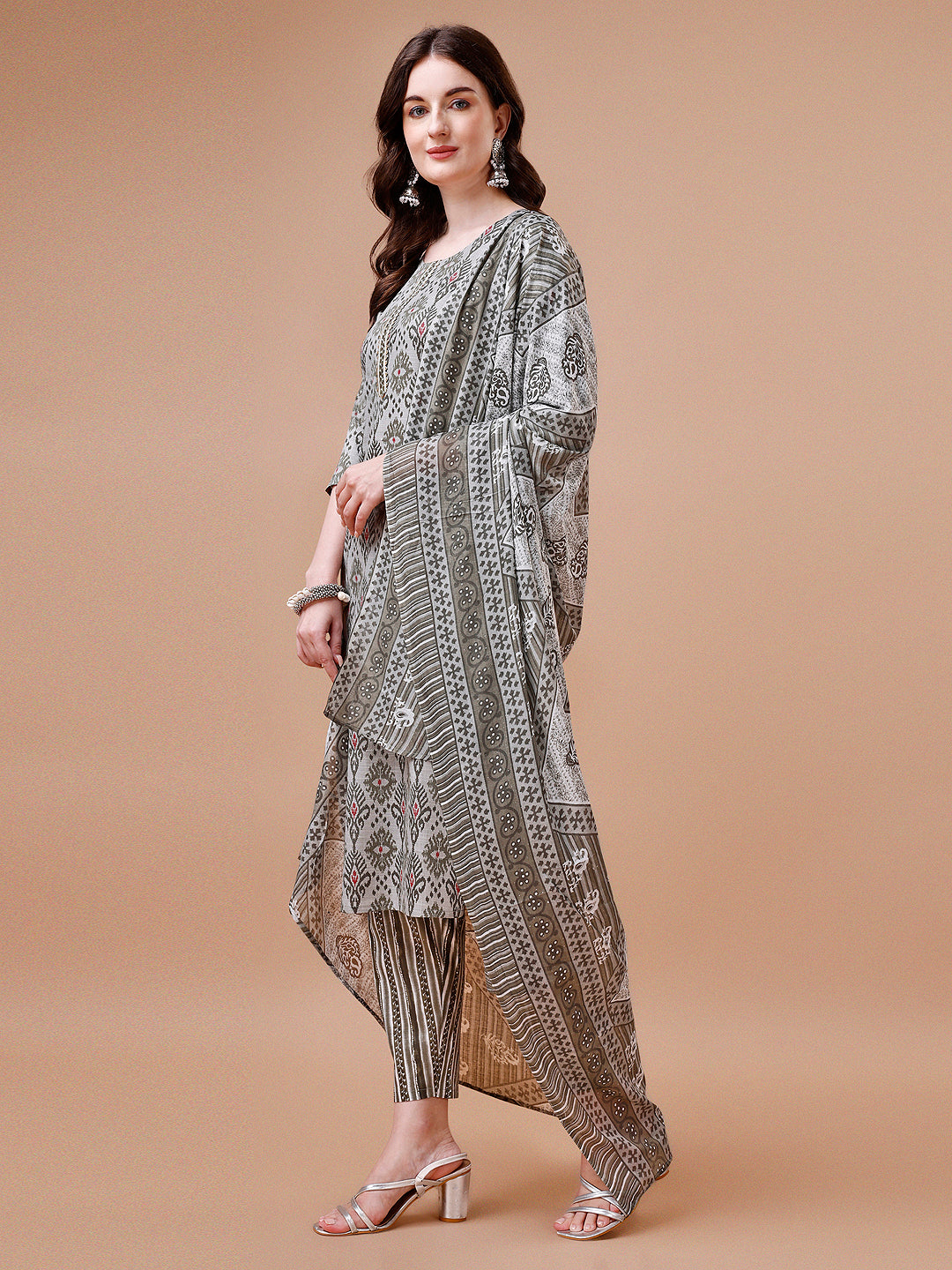 Printed Cotton Kurta With Pant & Dupatta, Multicolor - Hiral Fashion | Grocsy