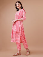 Printed Cotton Kurta With Pant & Dupatta, Multicolor - Hiral Fashion | Grocsy