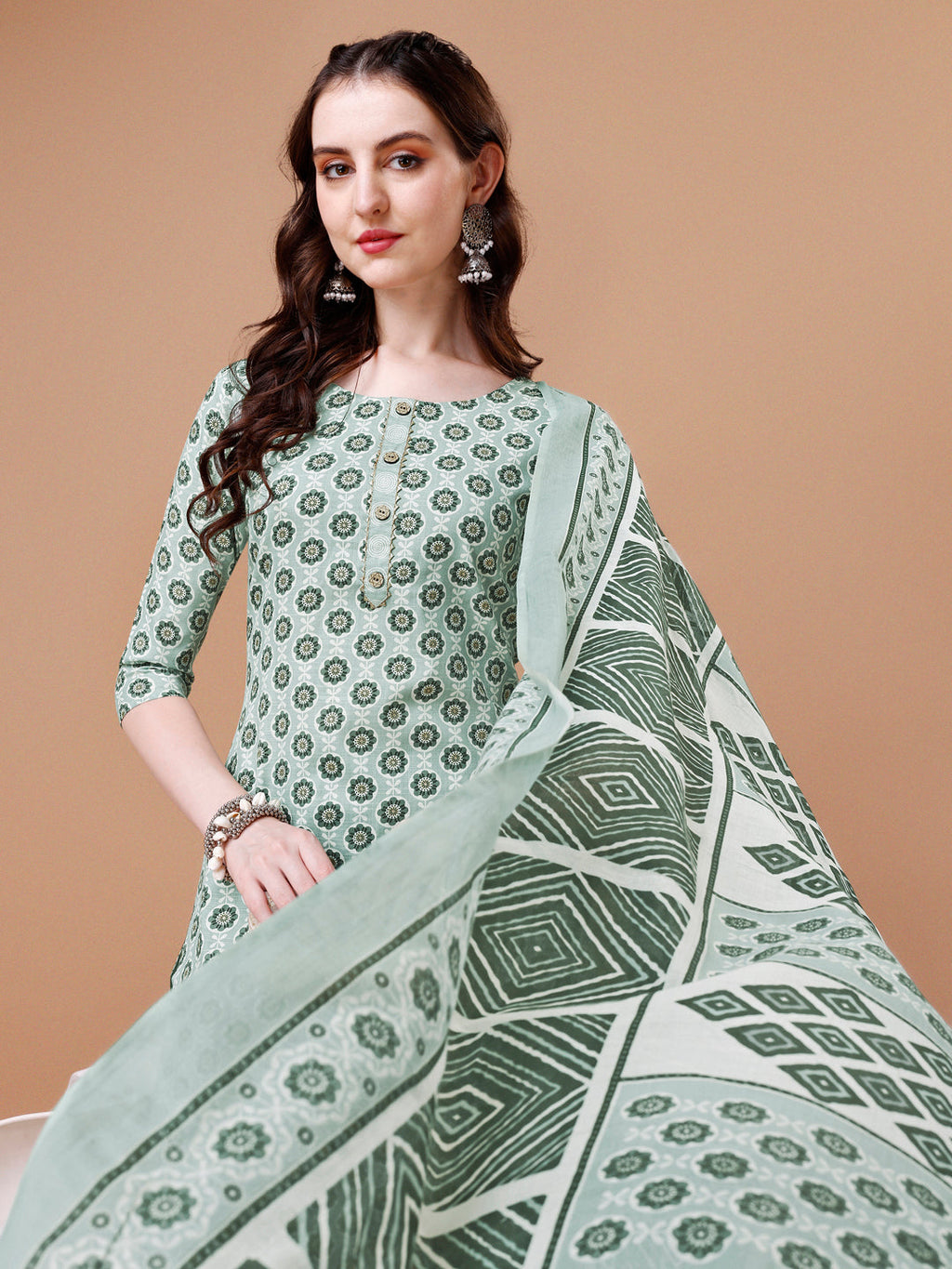 Floral Printed Cotton Kurta With Pant & Dupatta, Multicolor - Hiral Fashion | Grocsy