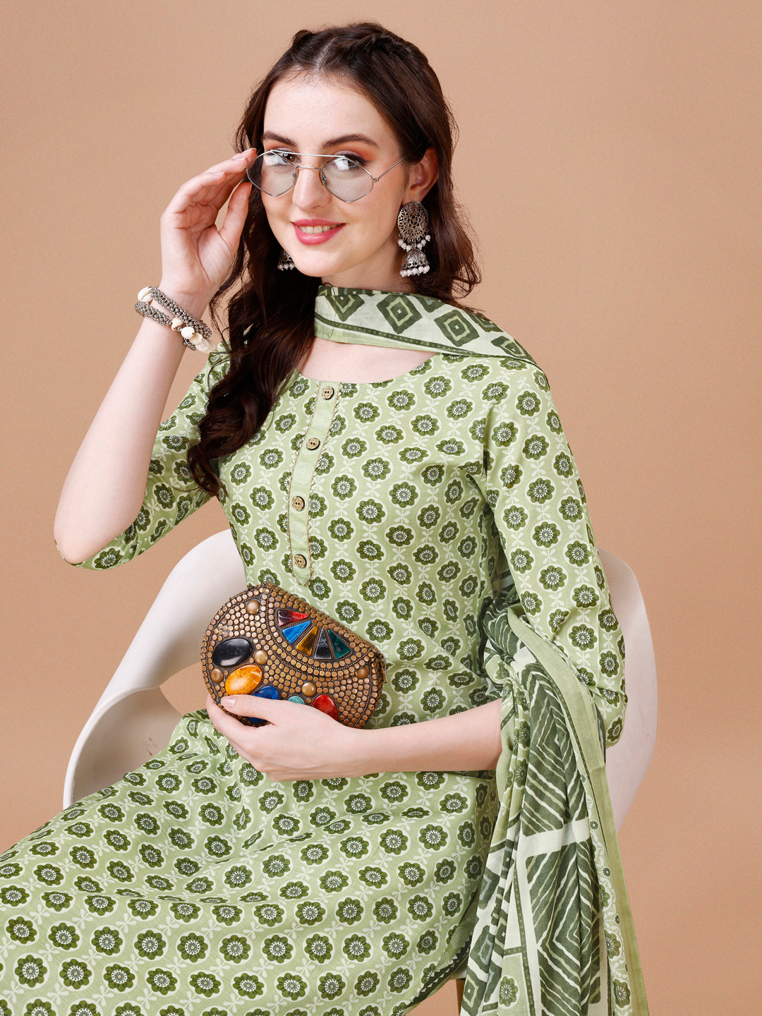 Floral Printed Cotton Kurta With Pant & Dupatta, Multicolor - Hiral Fashion | Grocsy