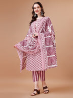 Floral Printed Cotton Kurta With Pant & Dupatta, Multicolor - Hiral Fashion | Grocsy
