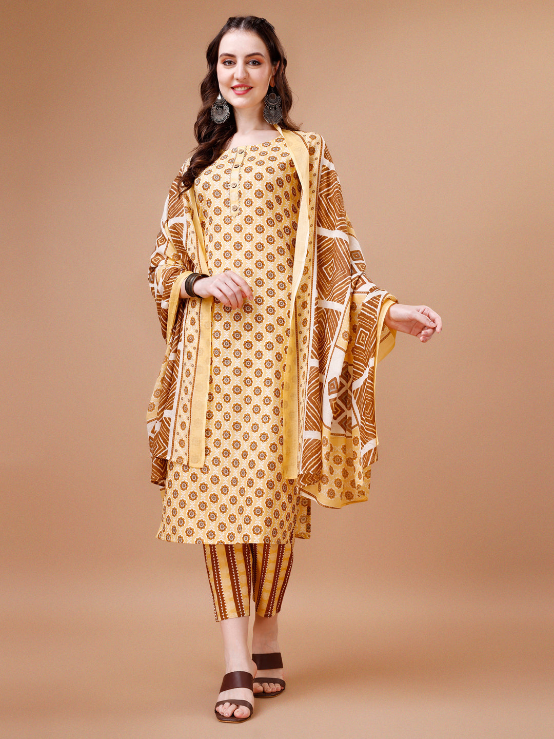 Floral Printed Cotton Kurta With Pant & Dupatta, Multicolor - Hiral Fashion | Grocsy