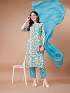 Floral Printed Kurta With Pant & Dupatta, Multicolor - Hiral Fashion | Grocsy