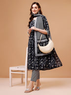 Leaf Printed Flared Kurta With Pant & Dupatta, Multicolor - Hiral Fashion | Grocsy