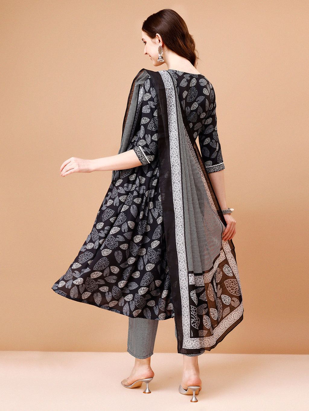 Leaf Printed Flared Kurta With Pant & Dupatta, Multicolor - Hiral Fashion | Grocsy