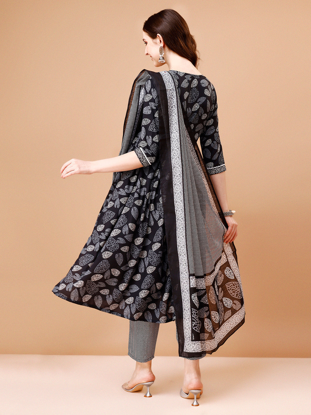 Leaf Printed Flared Kurta With Pant & Dupatta, Multicolor - Hiral Fashion | Grocsy