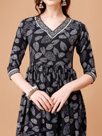Leaf Printed Flared Kurta With Pant & Dupatta, Multicolor - Hiral Fashion | Grocsy