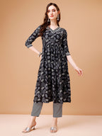 Leaf Printed Flared Kurta With Pant & Dupatta, Multicolor - Hiral Fashion | Grocsy