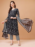 Leaf Printed Flared Kurta With Pant & Dupatta, Multicolor - Hiral Fashion | Grocsy