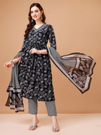 Leaf Printed Flared Kurta With Pant & Dupatta, Multicolor - Hiral Fashion | Grocsy