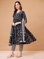 Leaf Printed Flared Kurta With Pant & Dupatta, Multicolor - Hiral Fashion | Grocsy
